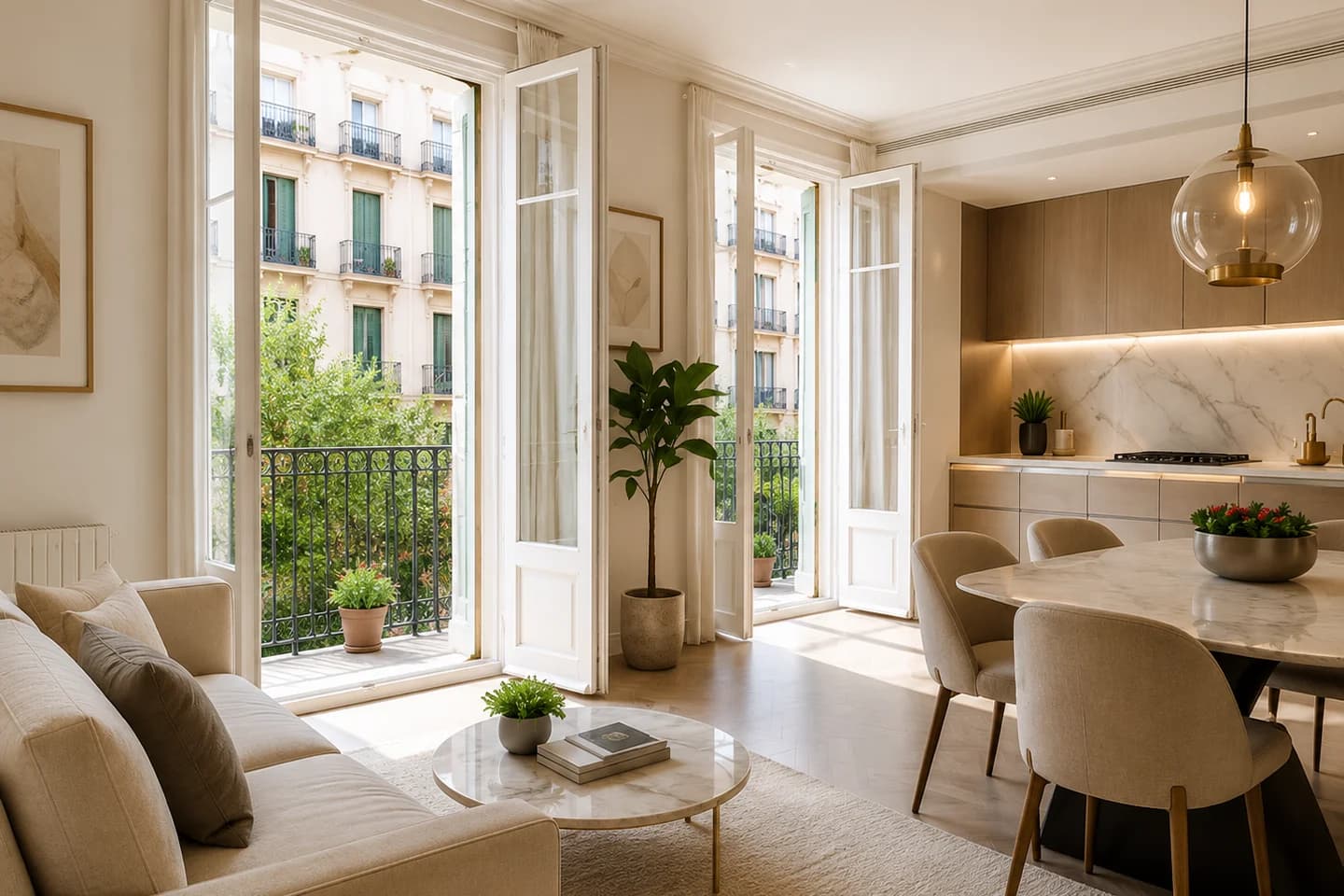 Salón reformado con cocina integrada y balcones a la calle