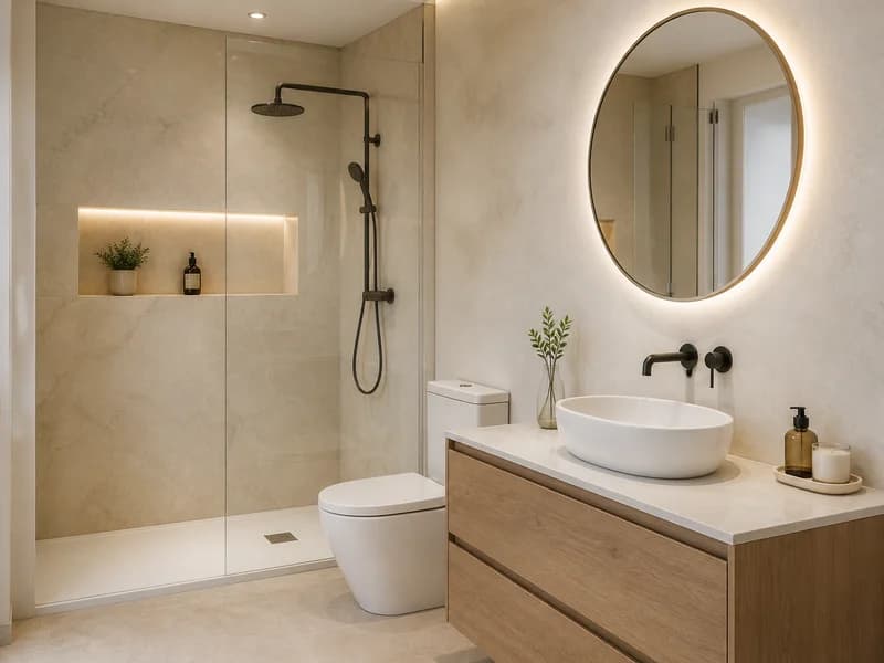 Baño reformado con ducha, lavabo y espejo redondo