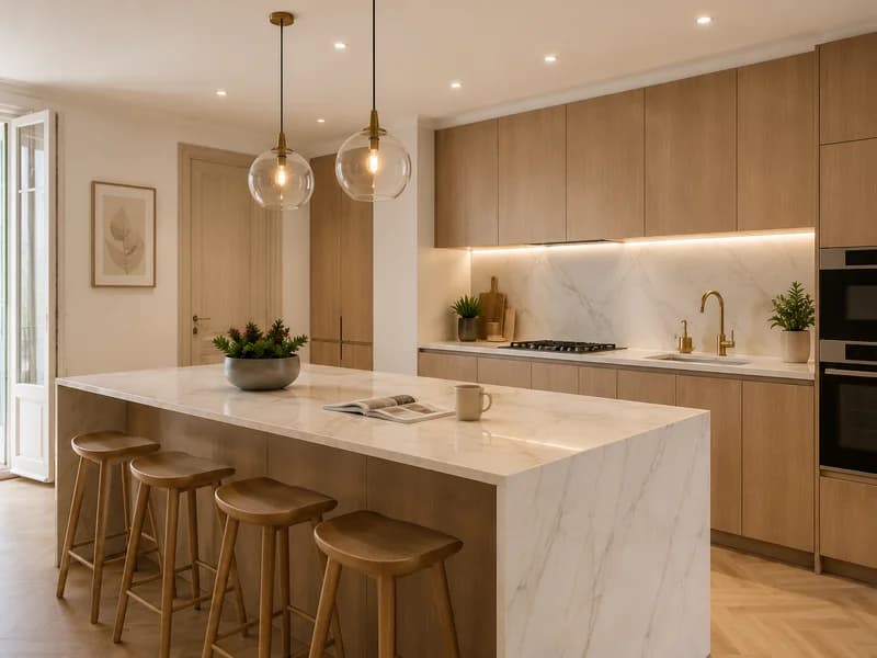 Cocina reformada con isla central y muebles de madera