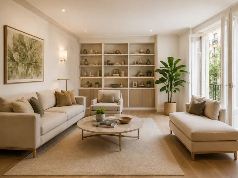 Salón reformado con estanterías, sofá y luz natural