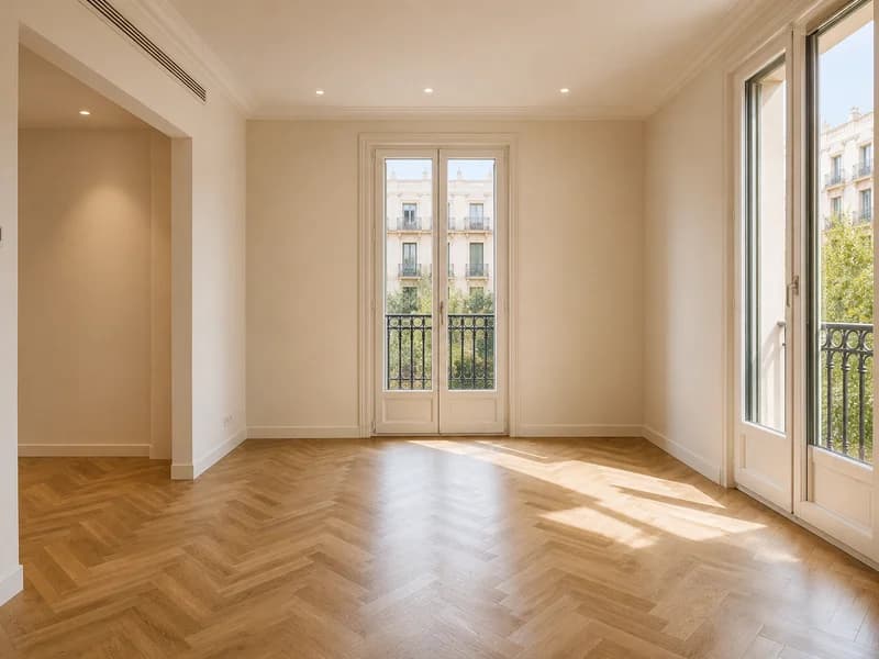 Piso reformado con suelo de espiga y balcones
